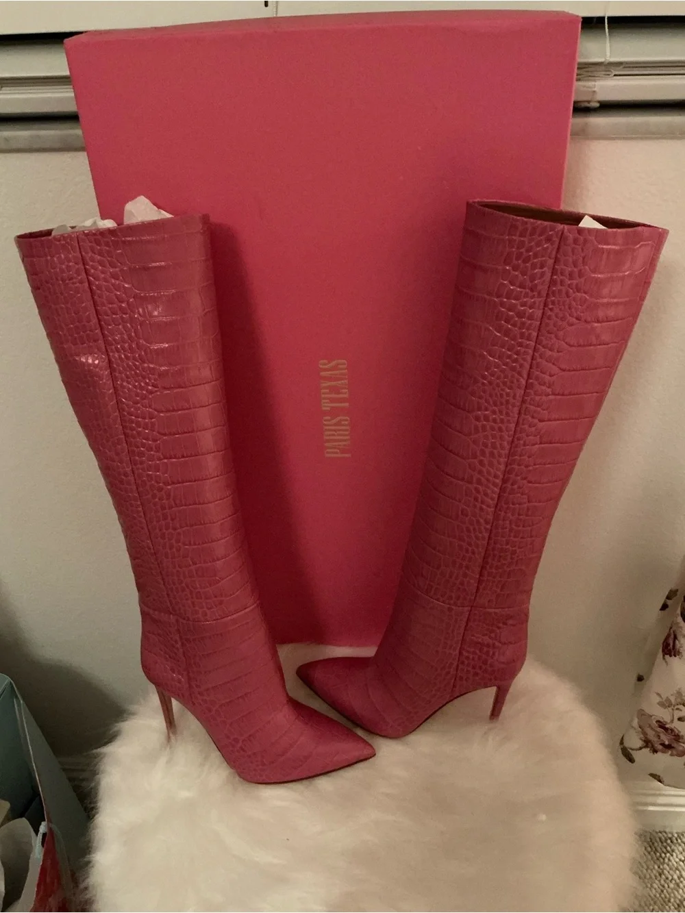 Paris Texas Pink Croc-Embossed Knee-High Pointed Toe Boots - Picture 6 of 9